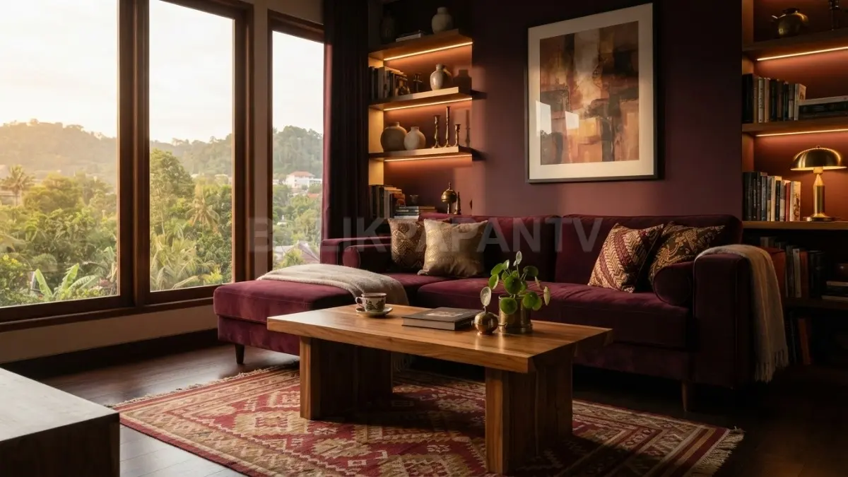 Warna burgundy tua menghadirkan kesan mewah, hangat, elegan, dan menciptakan suasana ruangan lebih intim. (BTV/AI)