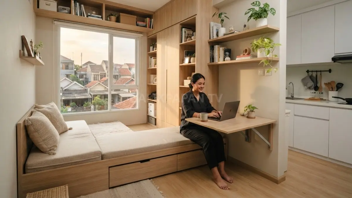 Furnitur multifungsi menjaga rumah minimalis tetap rapi melalui penyimpanan efisien berdesain sederhana nyaman sehari-hari optimal (BTV/Ai)