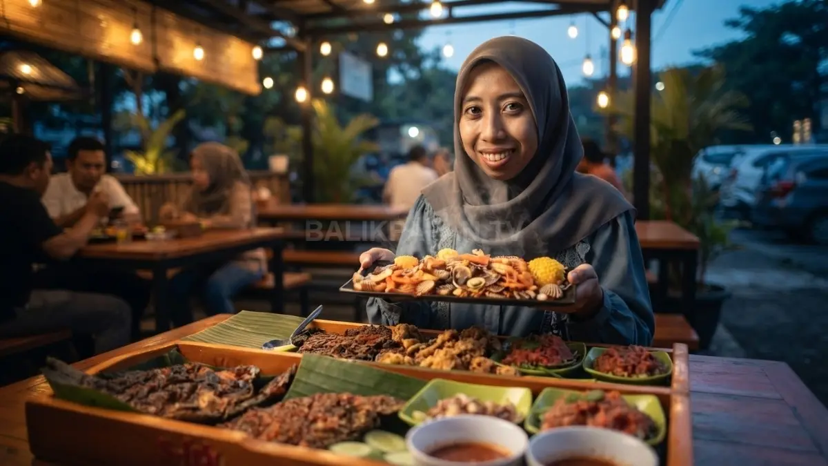 Aneka kuliner seafood dan kelapa muda menjadi pelengkap liburan di Pantai Manggar Balikpapan.