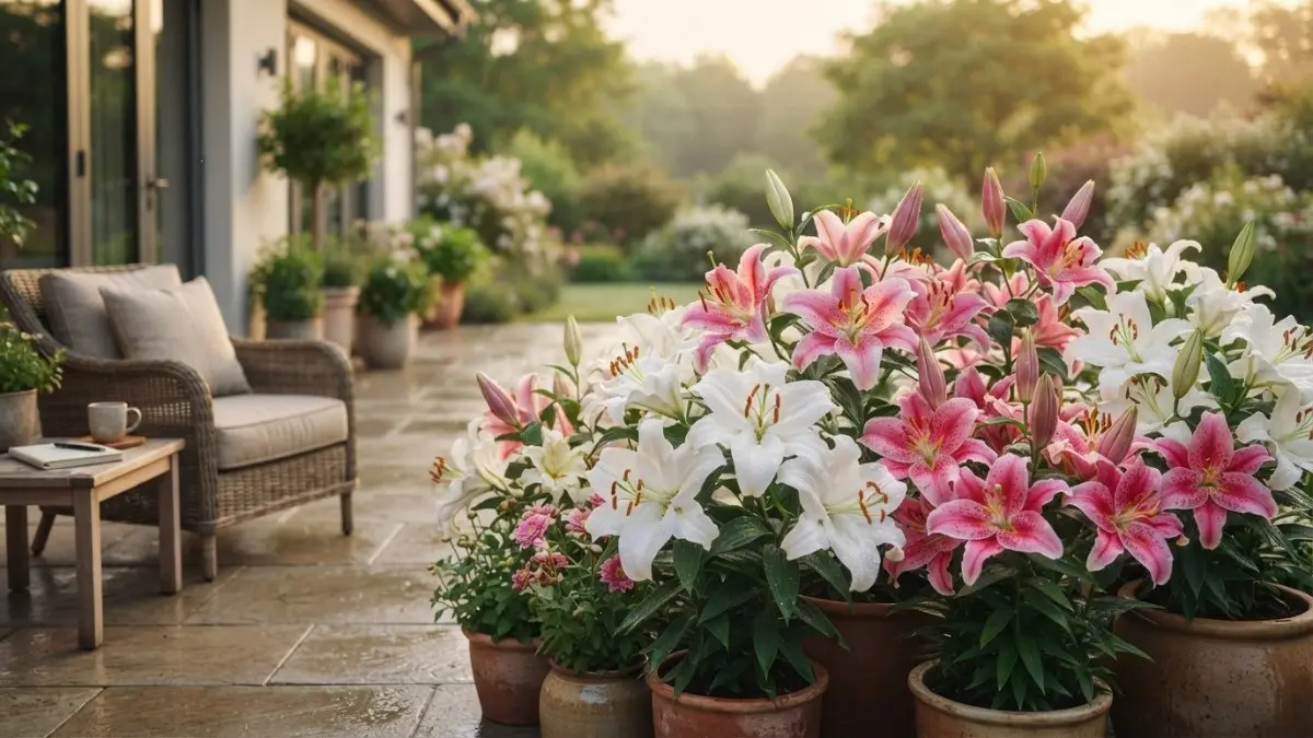 Deretan bunga Lily Casablanca mekar penuh sebagai dekorasi taman rumah yang elegan.