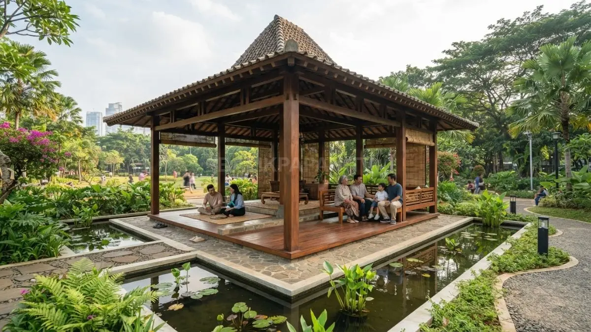 Gazebo bergaya pendopo berdiri di tengah taman hijau kota yang rindang, menghadirkan ruang teduh untuk bersantai.(BTV/Ai)