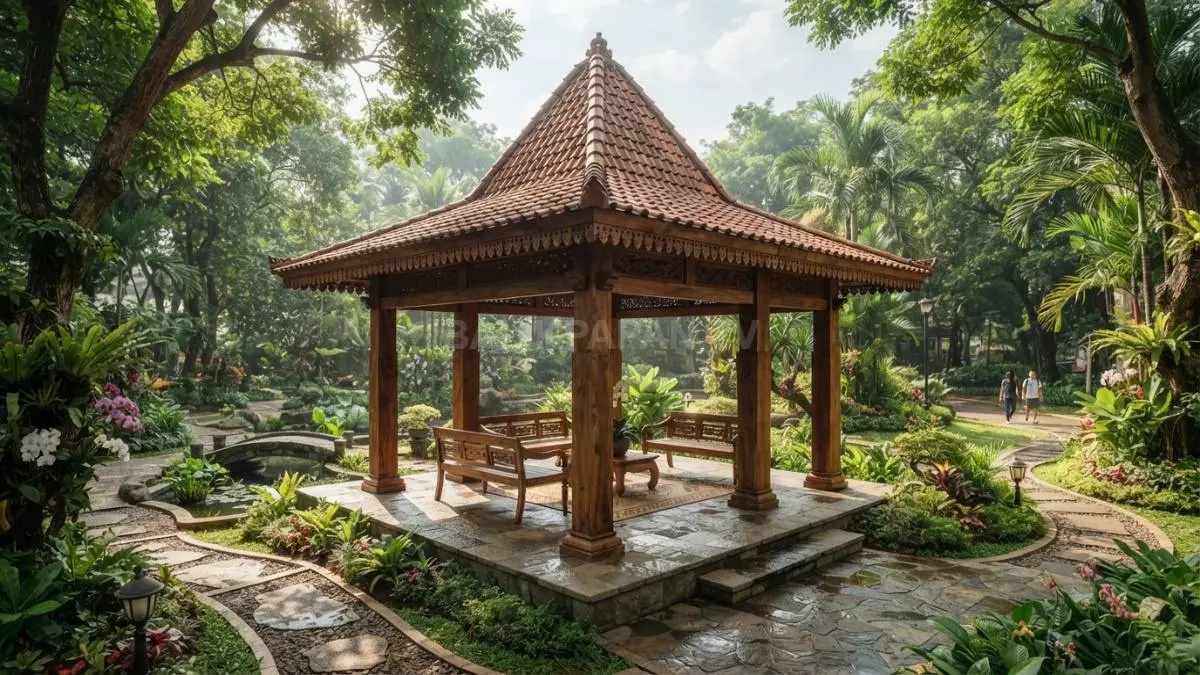 Gazebo pendopo klasik berbahan kayu menghadirkan nuansa tradisional, kokoh, teduh, menyatu alami dengan taman kota. (BTV/Ai)