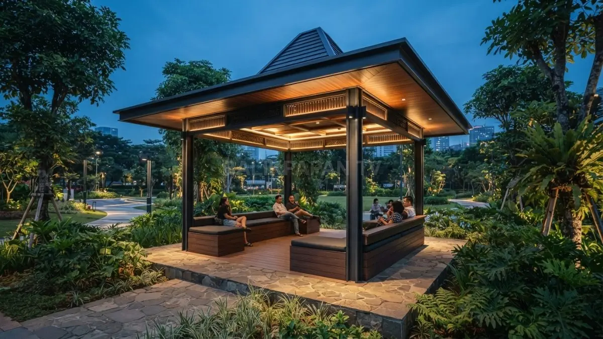 Gazebo pendopo minimalis modern berpadu bunga, jalur pedestrian, lampu tradisional, menghadirkan taman elegan, nyaman, fungsional. (BTV/Ai)
