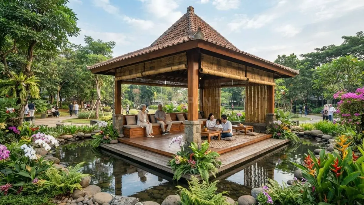 Gazebo pendopo tropis terbuka menghadirkan kesejukan alami, sirkulasi maksimal, harmonis menyatu dengan taman kota indah. (BTV/Ai)
