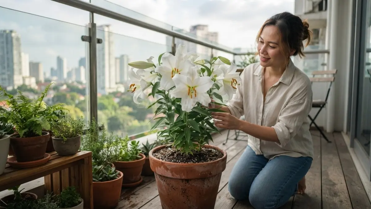Lily Casablanca tetap subur berbunga indah dalam pot, ideal untuk balkon dan lahan sempit (BTV:AI)
