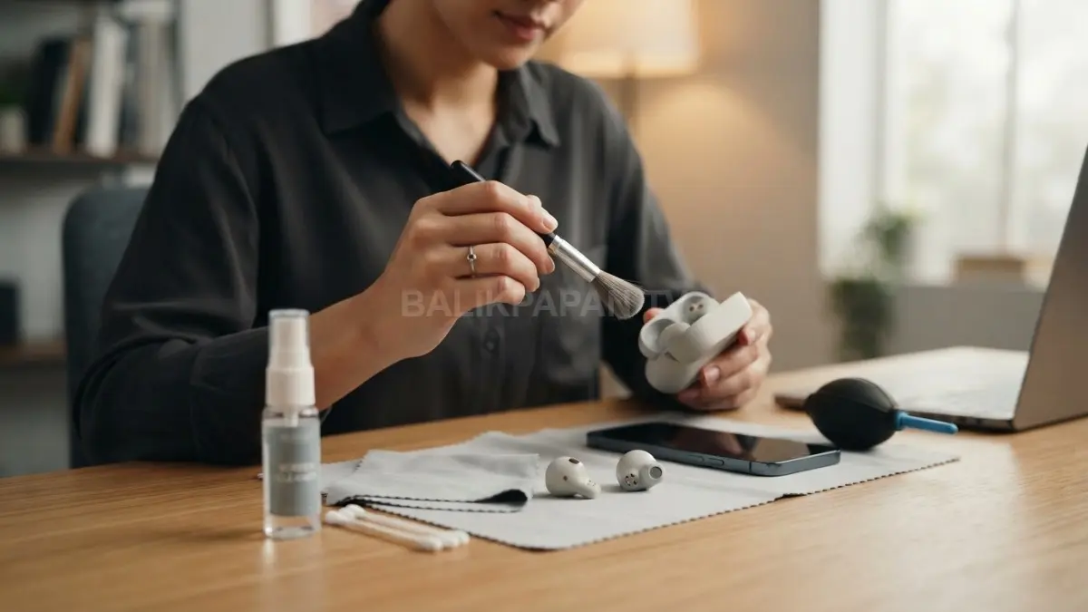 Membersihkan gadget dan earphone secara rutin menjaga kebersihan, performa, sekaligus mengurangi risiko kerusakan perangkat optimal (BTV:AI)