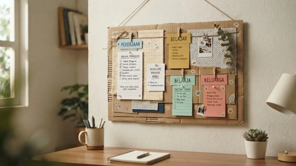 papan pengingat DIY dari kardus bekas dipasang di dinding ruang belajar agar jadwal dan daftar tugas mudah dipantau. (BTV/AI)