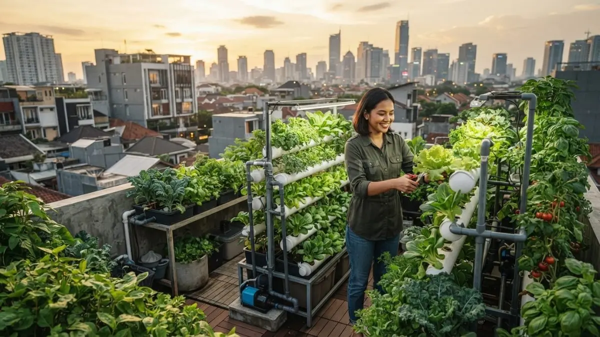 Rak tanaman vertikal dan hidroponik membantu memaksimalkan lahan sempit menjadi kebun produktif di rumah nyaman. [BTV:AI]
