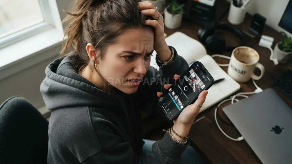 Seseorang sedang memegang smartphone yang layar aplikasinya membeku dan macet saat mencoba mengedit video. (BTV/Ai)