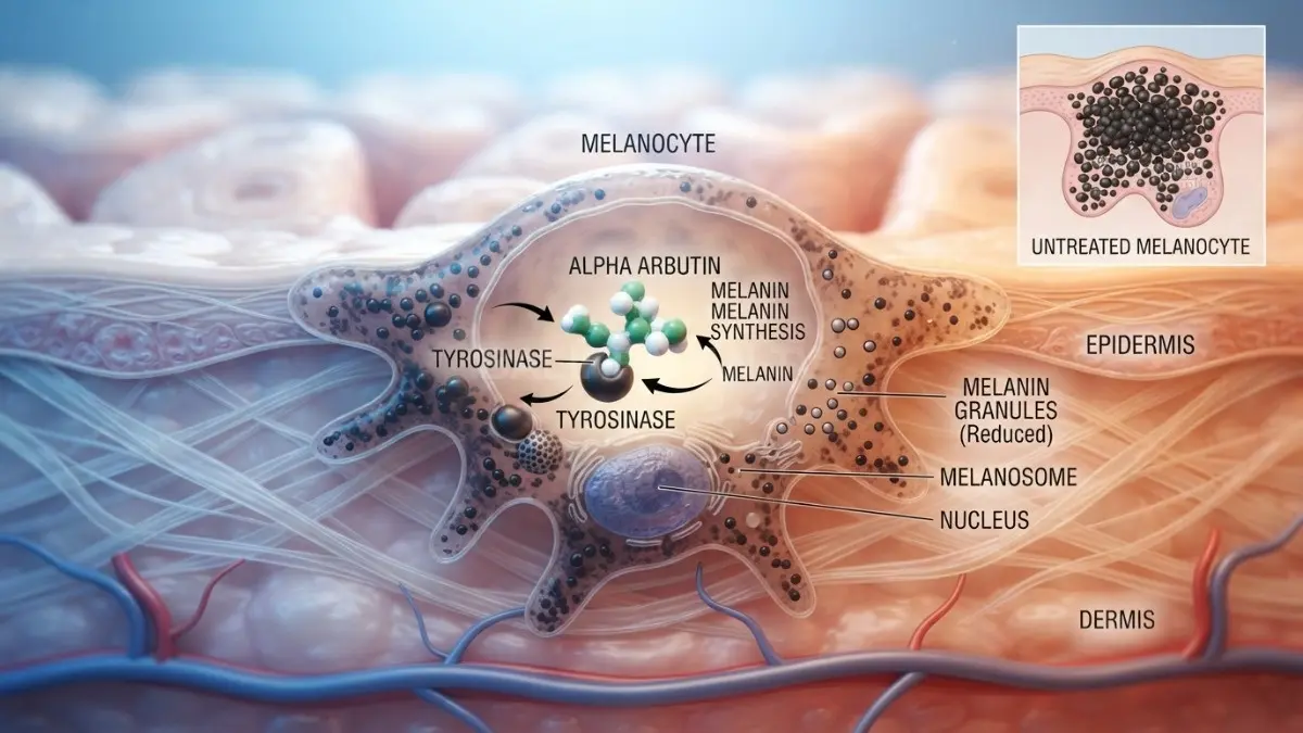 Alpha Arbutin menghambat melanin, memudarkan bintik hitam dan bekas jerawat secara aman dan bertahap. (BTV/Ai)