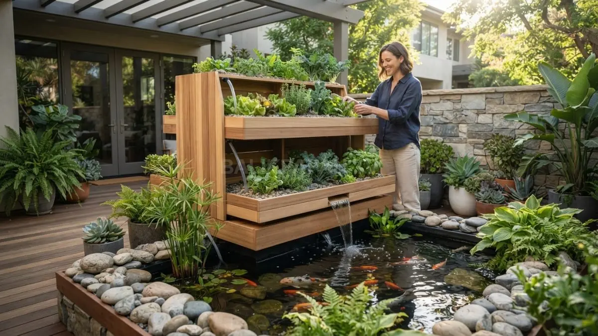 Aquaponik estetik bergaya kayu natural menghadirkan taman produktif yang indah, harmonis, modern, menyatu dengan rumah. (BTV/Ai)
