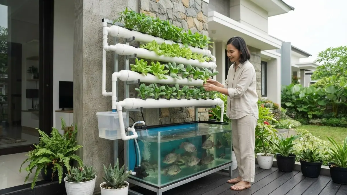 Aquaponik minimalis modern memadukan kolam nila dan rak sayuran bertingkat, mempercantik teras rumah secara fungsional. (BTV/Ai)
