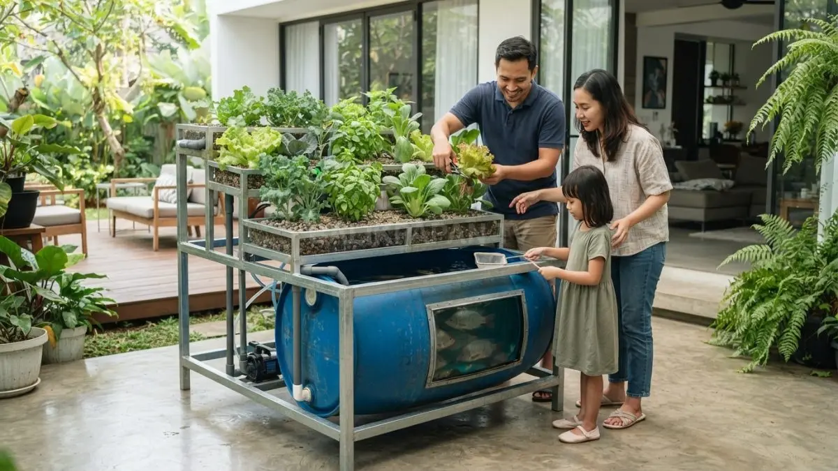Aquaponik semi permanen berbasis drum menopang panen rutin dengan perawatan stabil berkat volume air besar (BTV/Ai)

