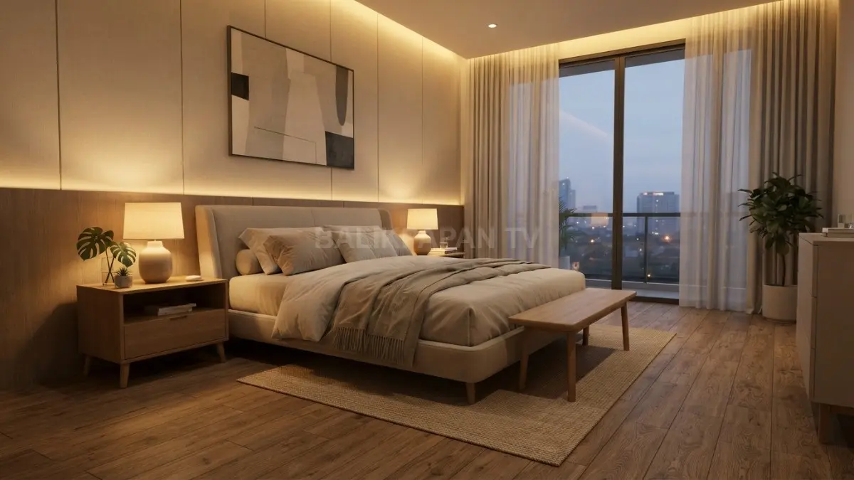 Desain interior kamar tidur ergonomis dengan pencahayaan redup untuk meminimalkan gangguan insomnia kronis. (BTV/Ai)