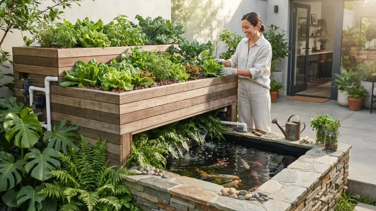 Instalasi aquaponik minimalis di teras rumah yang estik dengan kolam ikan dan rak sayuran hijau yang rapi serta produktif.
