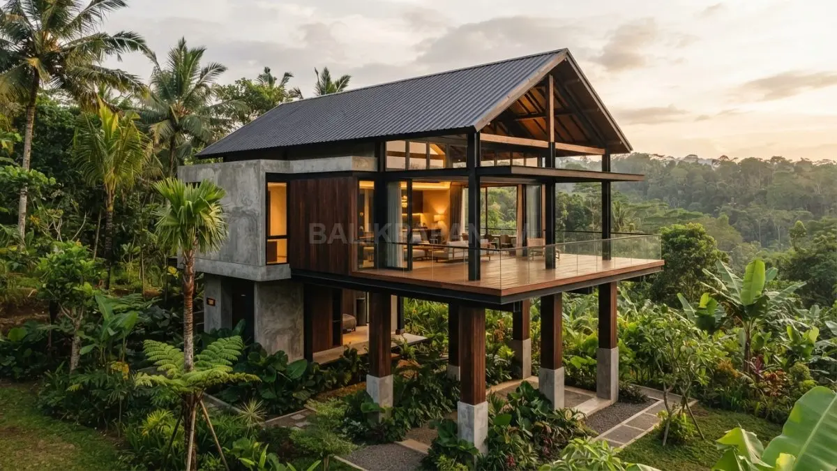 Rumah panggung industrial tropis memadukan kayu, beton ekspos, dan nuansa modern ramah iklim. (BTV/AI)
