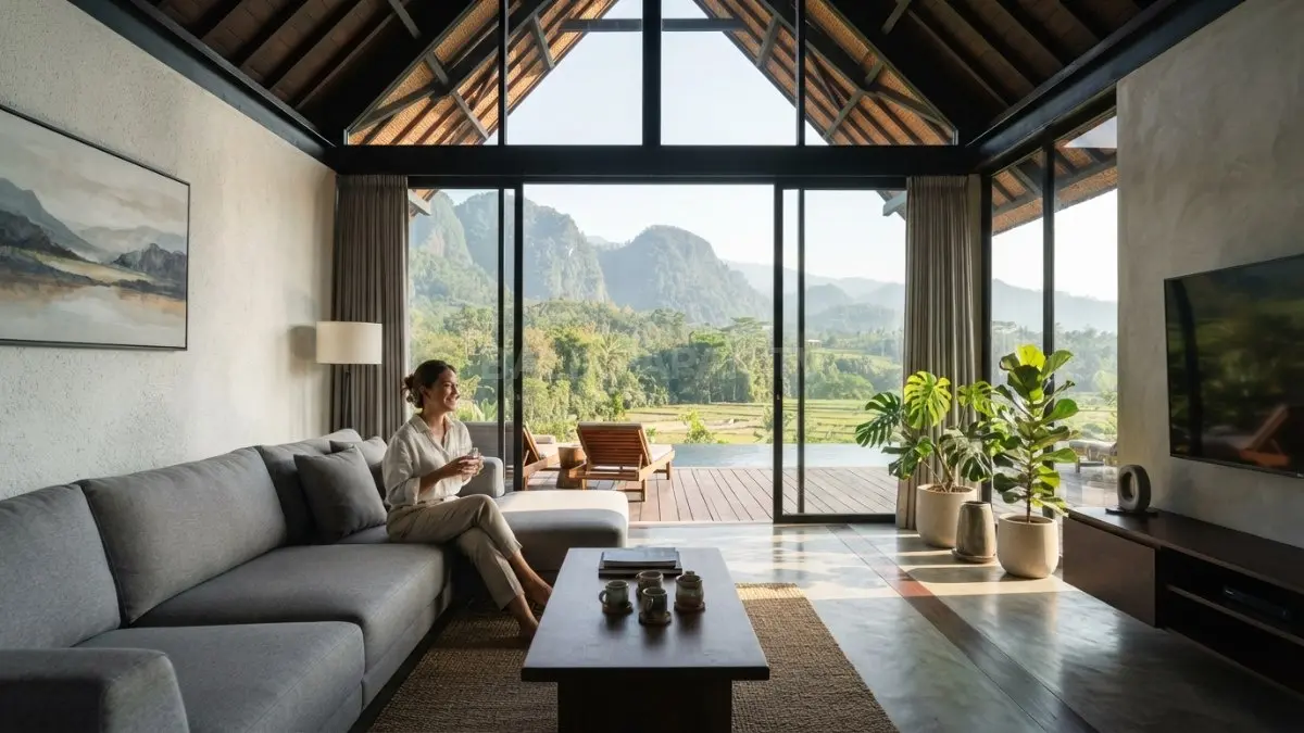 Villa Toraja minimalis memadukan atap ikonik, sentuhan modern, dan fungsi ruang yang nyaman. (BTV/AI)
