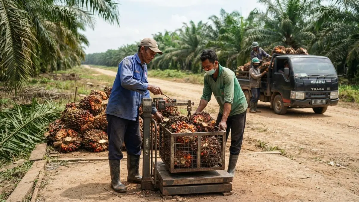 Aktivitas industri pengolahan kelapa sawit di Kalimantan Timur yang mendorong hilirisasi dan pertumbuhan ekonomi daerah.
