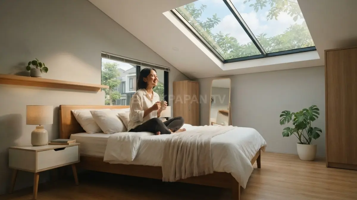 Cahaya pagi lembut dari skylight menciptakan kamar tidur nyaman, tenang, dan terasa menyatu alam. (BTV/AI)