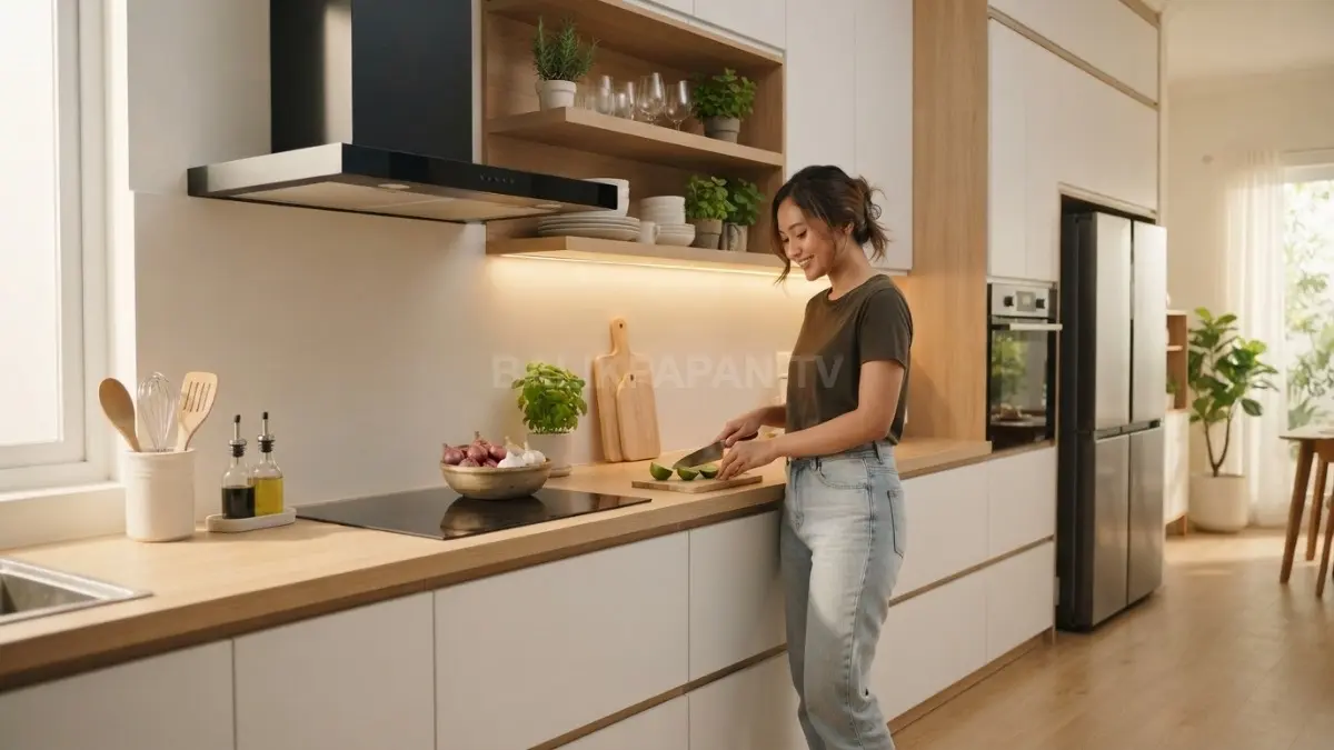 Dapur minimalis rapi memadukan kabinet putih, kayu alami, pencahayaan hangat, dan penyimpanan efisien setiap hari. (BTV/AI)