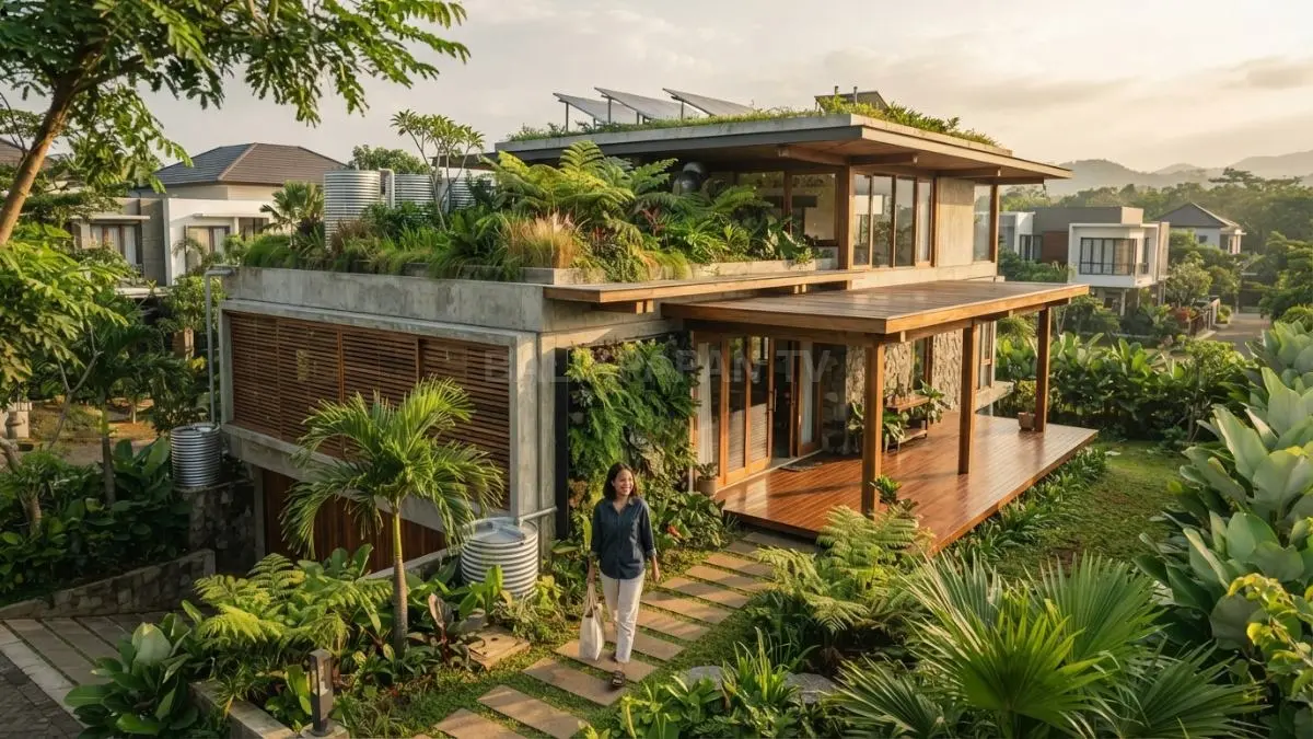 Ilustrasi rumah berkelanjutan dengan material lokal dan desain hemat energi yang ramah lingkungan. (BTV/AI)
