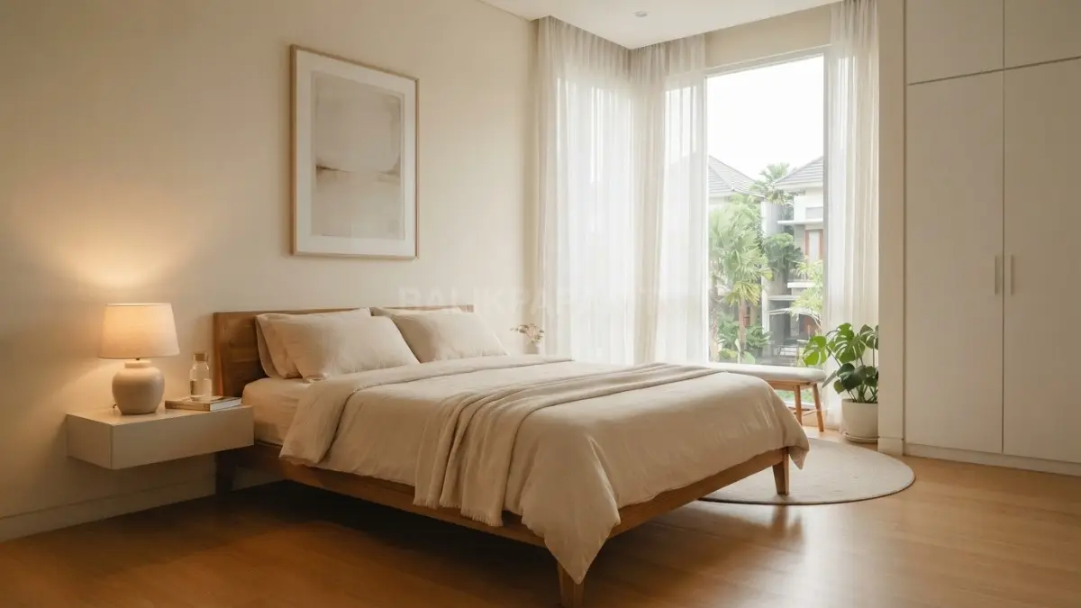 Kamar tidur minimalis bernuansa hangat menghadirkan kenyamanan, cahaya alami, dan dekorasi sederhana yang menenangkan setiap hari. (BTV/AI)
