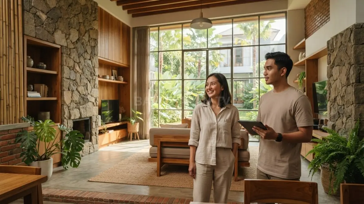 Material alami dipadukan bukaan jendela besar menciptakan ruang terang, sejuk, dan hemat energi. (BTV/AI)