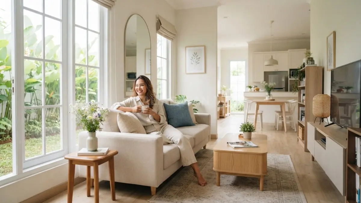 Rumah sederhana tampil elegan bergaya Eropa modern dengan warna netral, rapi, nyaman, dan pencahayaan alami maksimal. (BTV/AI)