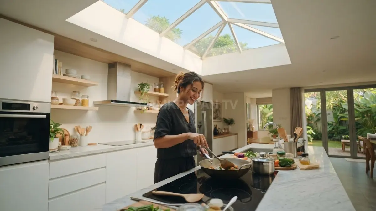 Skylight dapur modern menghadirkan cahaya alami merata, membuat ruang terasa bersih dan lapang. (BTV/AI)