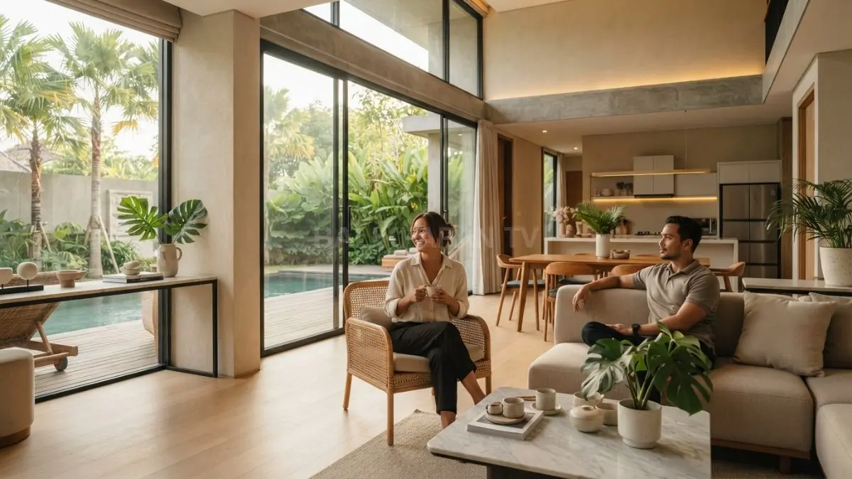 Bagian luar villa minimalis elegan memadukan warna netral, material alami, tanaman hijau, dan pencahayaan hangat harmonis. (BTV/AI)
