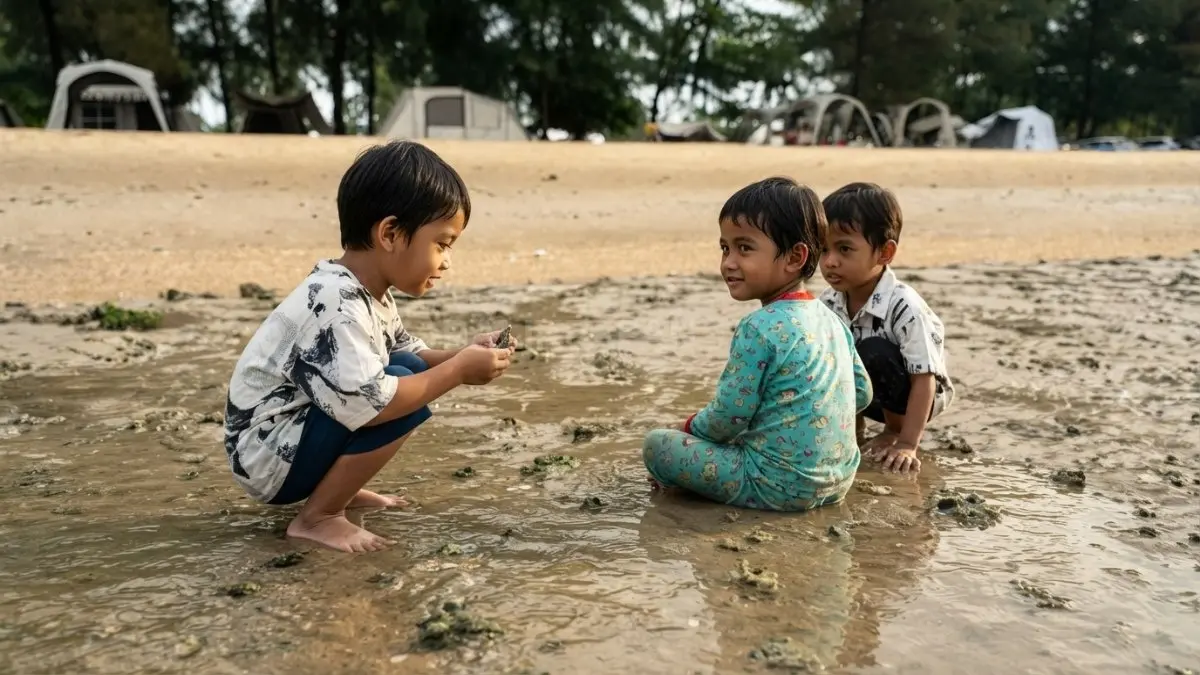 Bermain pasir menjadi aktivitas sederhana yang dinikmati wisatawan saat berkunjung ke Watu Beach Lamaru bersama keluarga (BTV/AI)