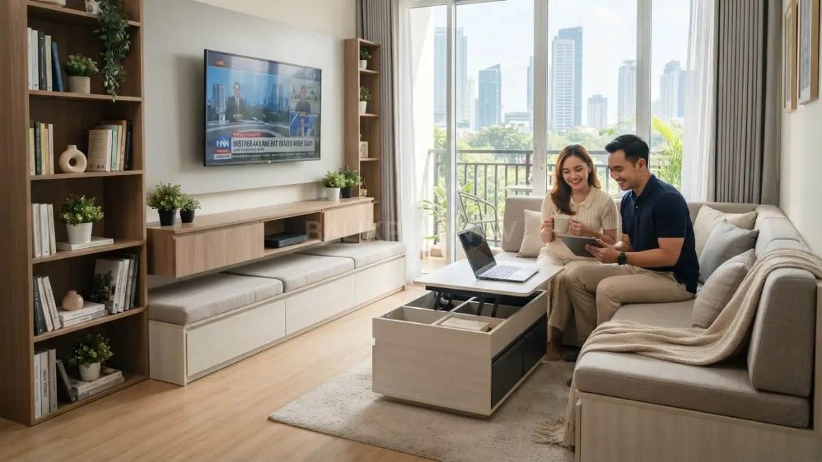 Furnitur multifungsi memaksimalkan ruang penyimpanan sekaligus menjaga tampilan ruang tamu tetap bersih dan fungsional. [BTV:AI]
