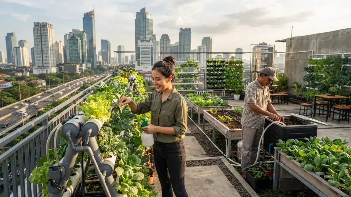 Hidroponik dan irigasi tetes membantu urban farming menghemat penggunaan air harian. (BTV/AI)