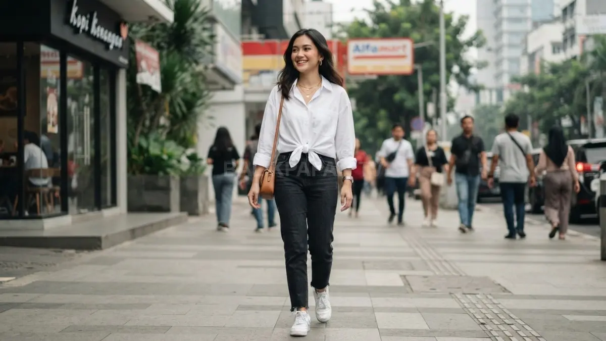 Ikatan bawah kemeja menciptakan siluet ramping dengan sentuhan kasual yang modern dan menarik perhatian seketika. (BTV/AI)
