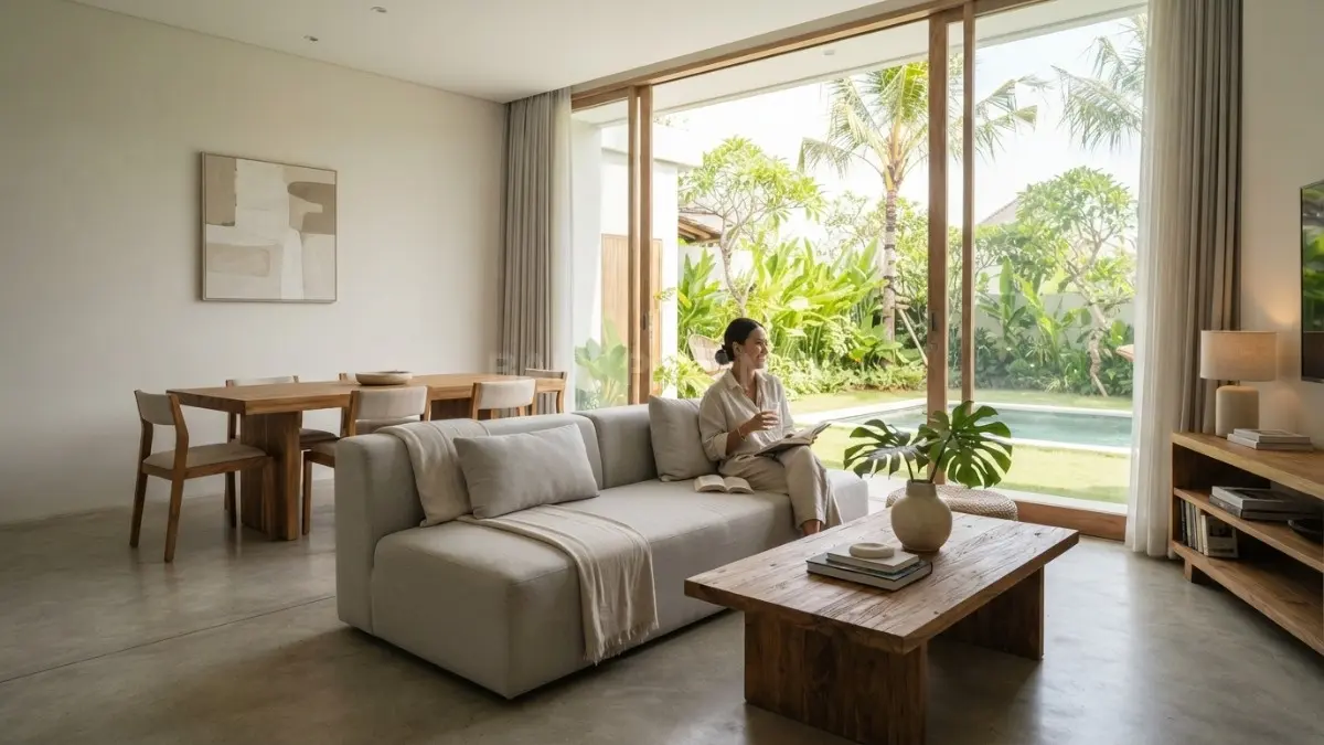 Interior villa minimalis memadukan warna netral, pencahayaan hangat, furnitur fungsional, dan dekorasi sederhana yang harmonis. (BTV/AI)
