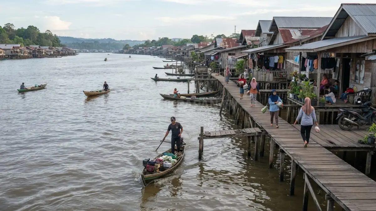 Kehidupan masyarakat di tepian Sungai Mahakam yang menjadi sumber utama bahan pangan dan lahirnya berbagai kuliner tradisional seperti Pais Patin. (BTV/AI)