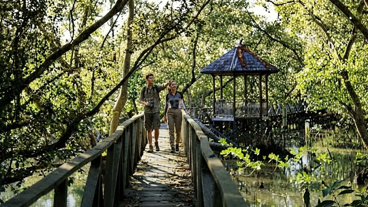 Keindahan alam dan jembatan kayu Mangrove Margomulyo menjadi daya tarik wisata edukasi satwa liar. (BTV/Ai)