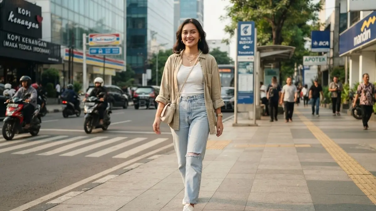 Kemeja oversize dipadukan tank top dan jeans menciptakan tampilan santai, modern, fleksibel untuk berbagai kesempatan sehari-hari (BTV/AI)