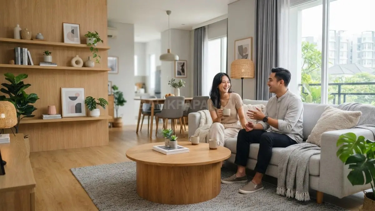 Kombinasi abu-abu muda dengan kayu natural membuat interior rumah terasa nyaman, modern, dan berkarakter kuat (BTV/AI)
