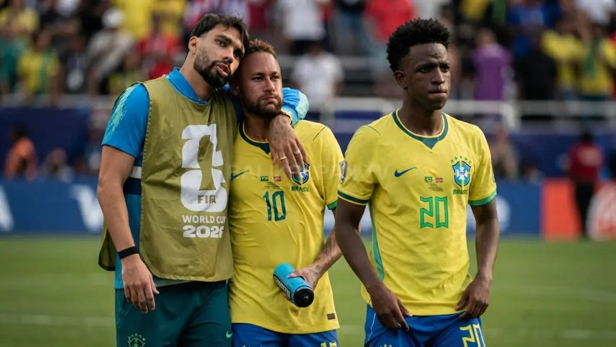Neymar meninggalkan lapangan Stadion MetLife usai mengumumkan pensiun dari Timnas Brasil setelah Piala Dunia 2026.