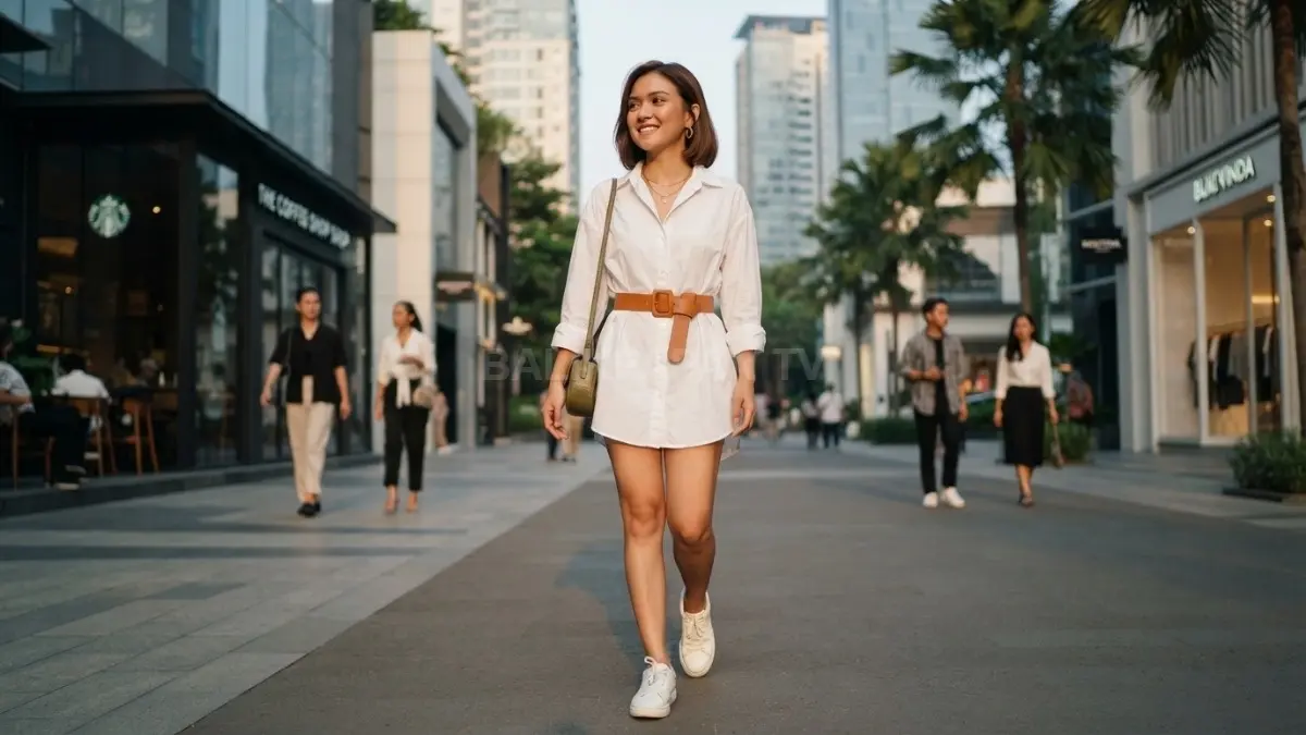 Oversize shirt dipadukan belt menciptakan dress mini bergaya modern, proporsional, anggun, nyaman, dan stylish setiap saat. (BTV/AI)
