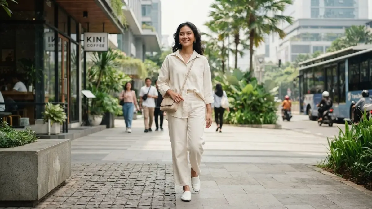 Padukan kemeja longgar dengan celana wide leg senada menciptakan gaya minimalis modern dipadukan loafers ramping. (BTV/AI)
