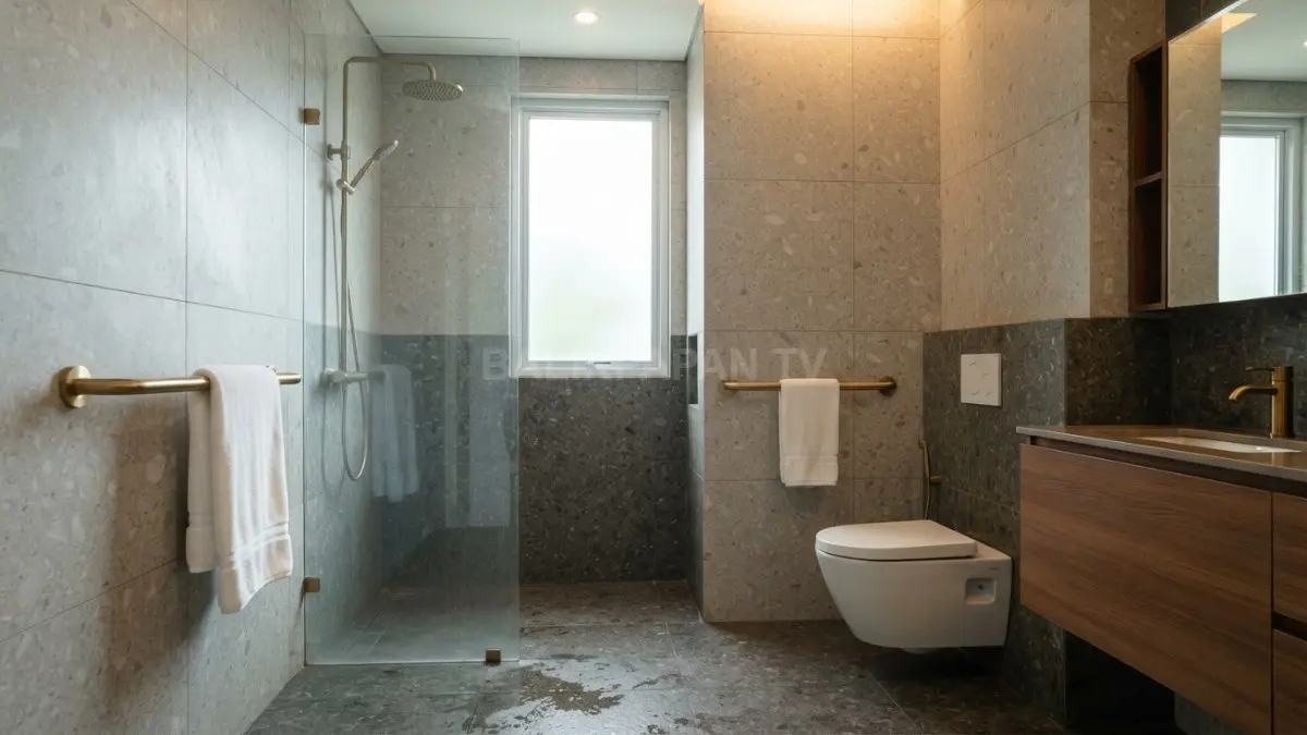 Pegangan tangan ergonomis kamar mandi modern berfungsi untuk menjaga keamanan sekaligus menggantung handuk bersih. (BTV/Ai)