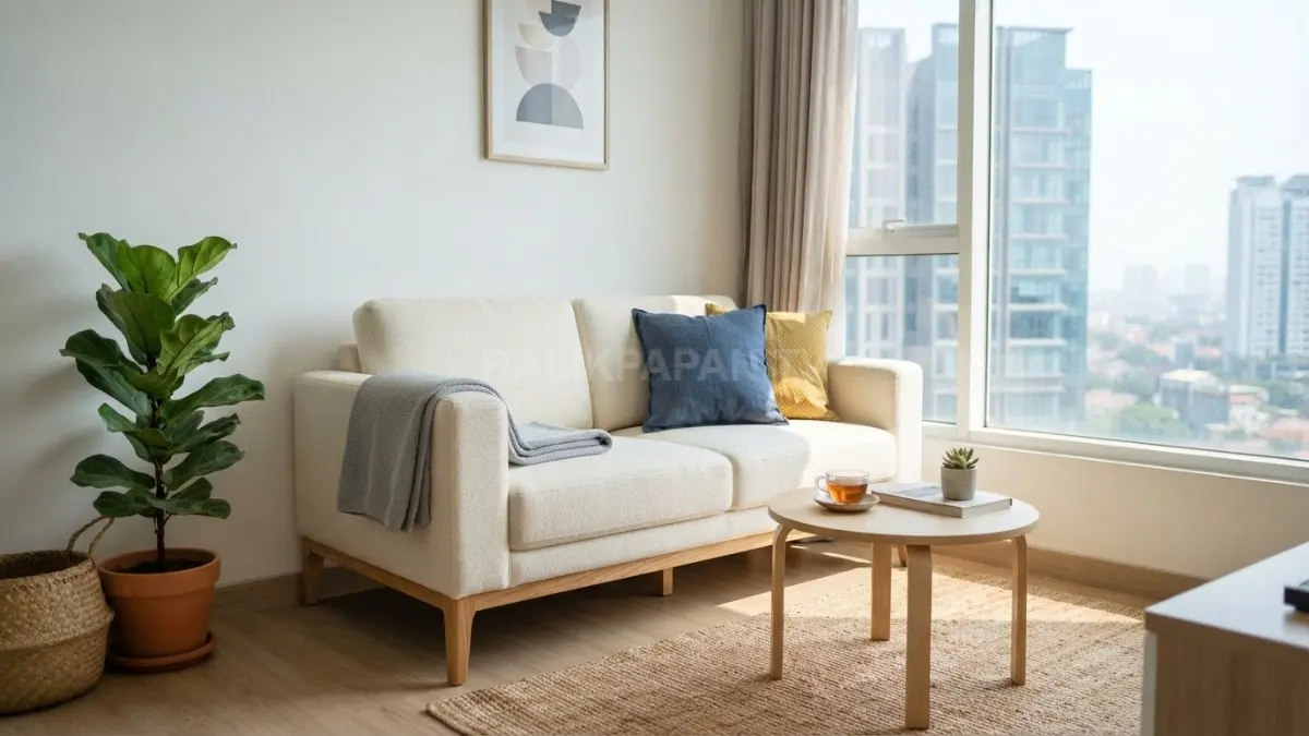 
Penataan sofa yang tidak menghalangi jalur sirkulasi membuat ruang tamu kecil terasa lebih lega, nyaman, dan fungsional. (BTV/AI)
