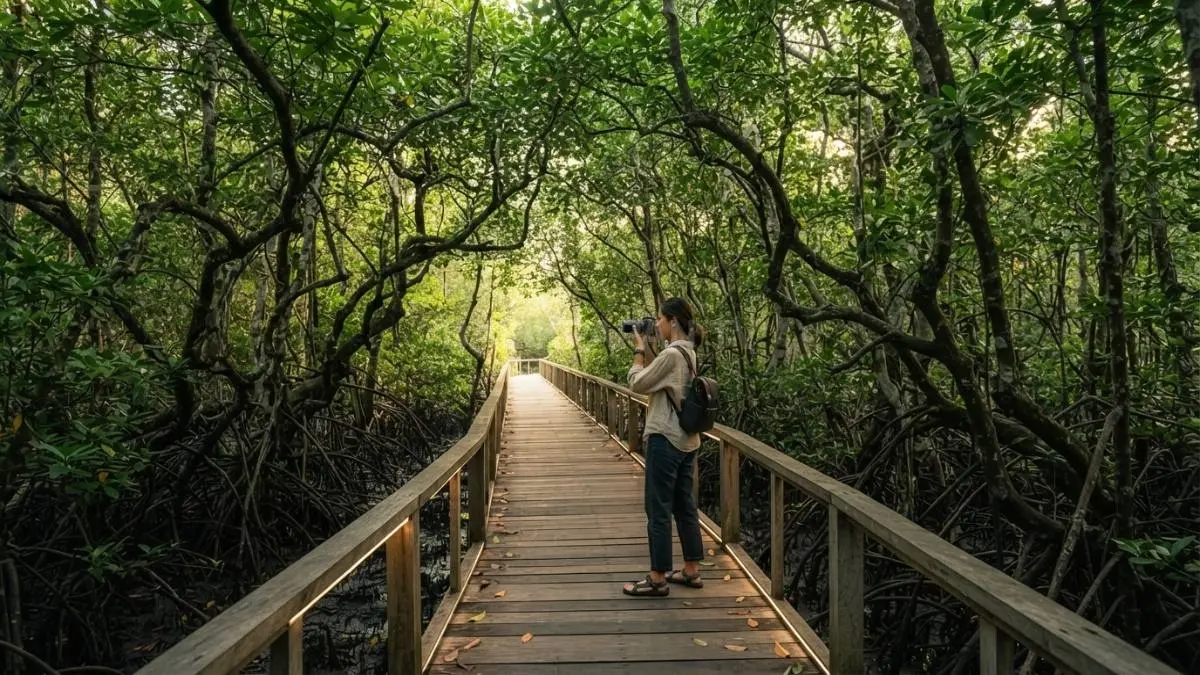 Pengunjung berjalan di atas jembatan kayu yang membelah rimbunnya hutan Mangrove Margomulyo di Balikpapan. (BTV/Ai)