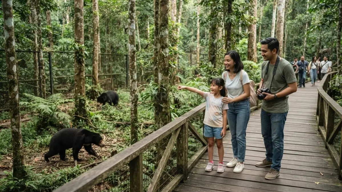 Pengunjung menyusuri jalur hutan KWPLH sambil mengamati habitat beruang madu secara aman dan edukatif bersama. [BTV:AI]
