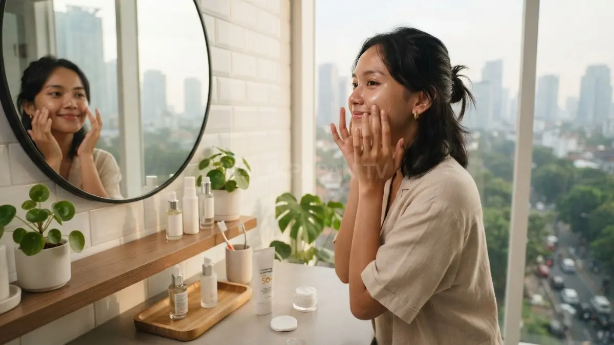 Perempuan aktif merawat wajah agar kulit tetap segar sepanjang hari dengan rutinitas sederhana konsisten alami (BTV/AI)