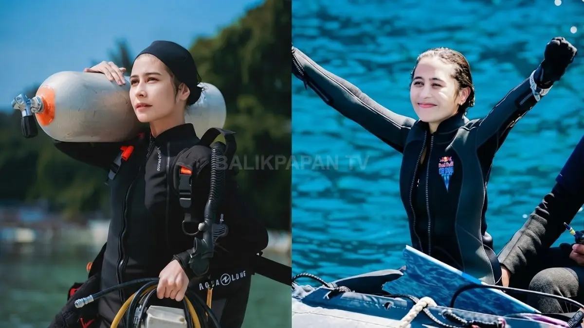 Prilly Latuconsina bersiap mengecek tabung oksigen sebelum menyelami keindahan alam bawah laut Bali. (BTV/Ai)