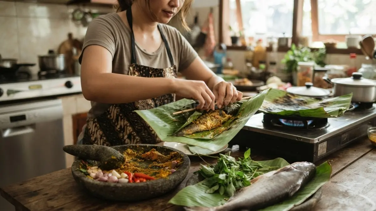 Proses membungkus ikan patin dengan daun pisang sebelum dipanggang, tradisi dapur masyarakat sungai Kalimantan yang diwariskan secara turun-temurun. (BTV/AI)