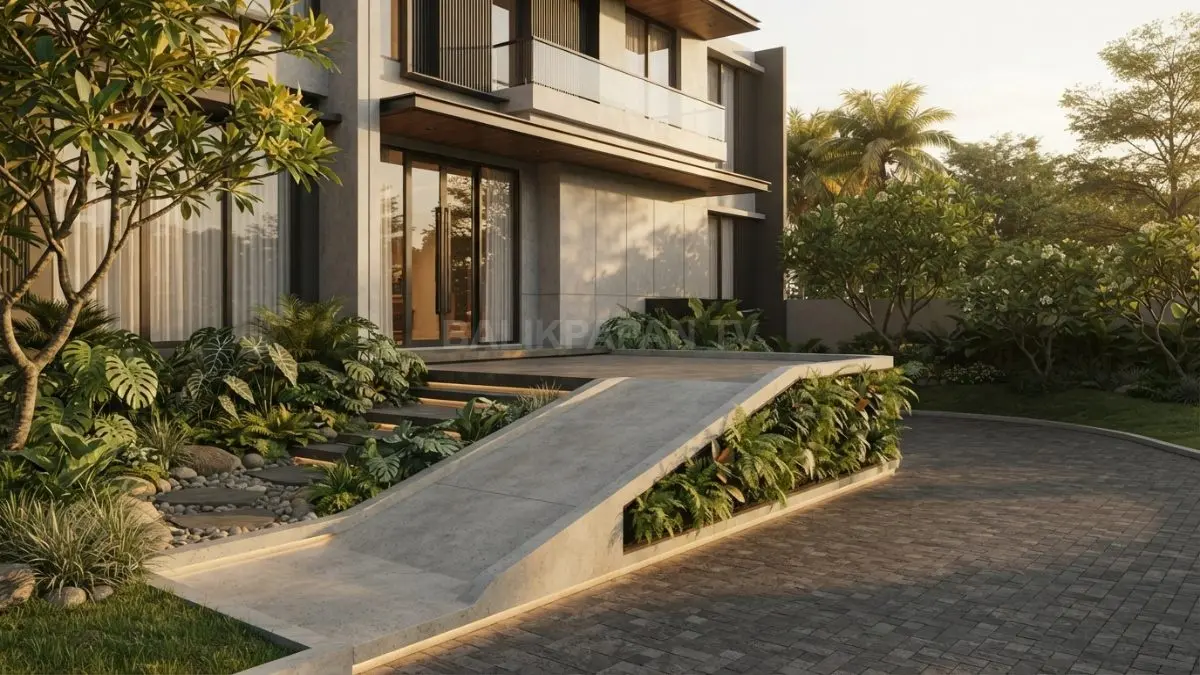 Rampa landai beton ekspos terintegrasi taman tropis memberikan aksesibilitas estetis pada fasad rumah modern. (BTV/Ai)